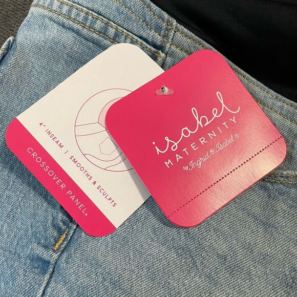 NEW Isabel Maternity Midi Shorts Light Wash 4" Inseam Crossover Panel Size 12 - Picture 9 of 9